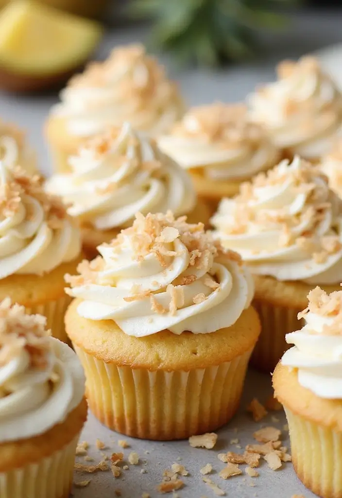 25 Cupcake Bouquet Ideas That Look Like Real Flowers - 14. Tropical Coconut Cupcakes with Pineapple Filling