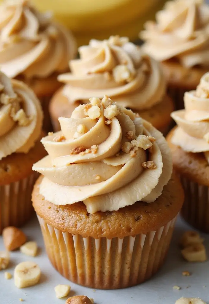 25 Cupcake Bouquet Ideas That Look Like Real Flowers - 24. Nutty Banana Cupcakes with Peanut Butter Frosting