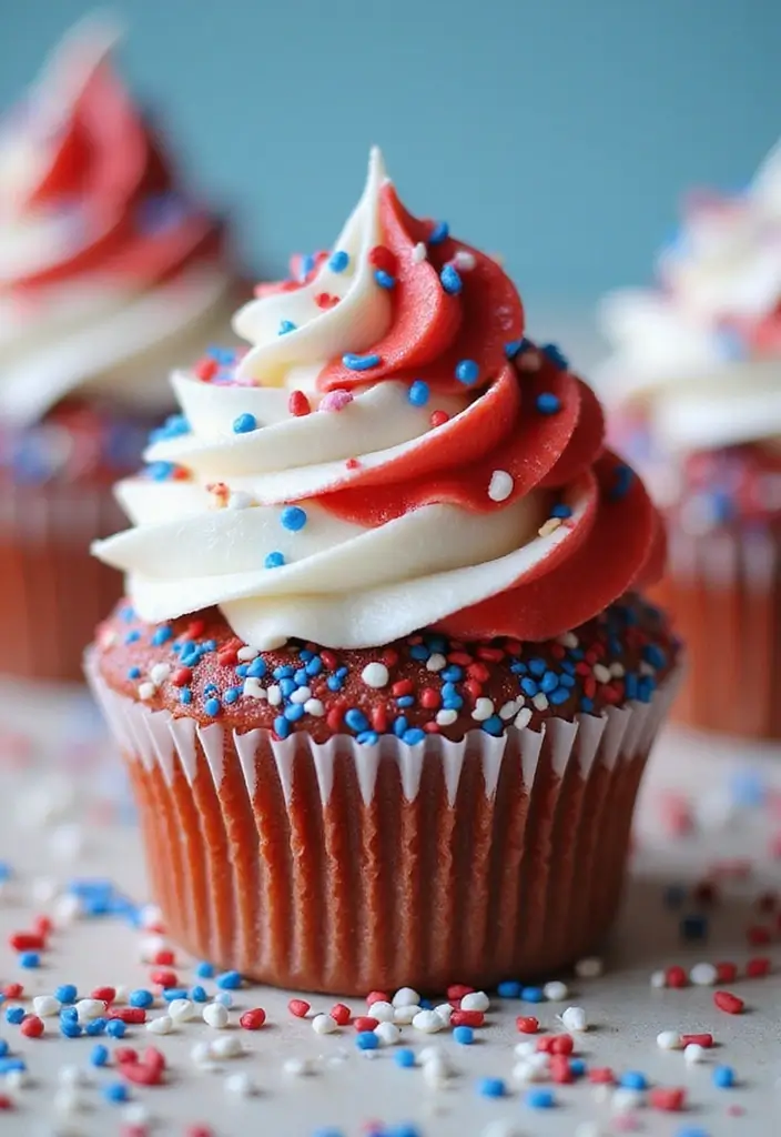 25 Cupcake Ideas for Kids’ Parties That Are Fun and Mess-Free - 10. Red, White & Blue Sprinkle Cupcake