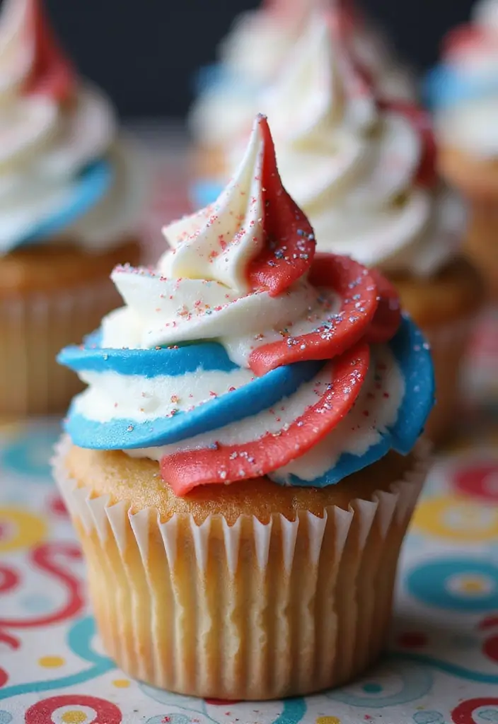 25 Cupcake Ideas for Kids’ Parties That Are Fun and Mess-Free - 3. Patriotic Pinwheel Cupcake