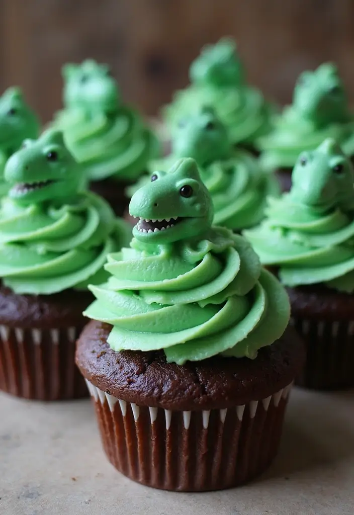 25 Cupcake Wedding Cake Ideas That Blend Class & Creativity: Dinosaur-Themed Wedding Cupcakes - 1. T-Rex Chocolate Cupcakes