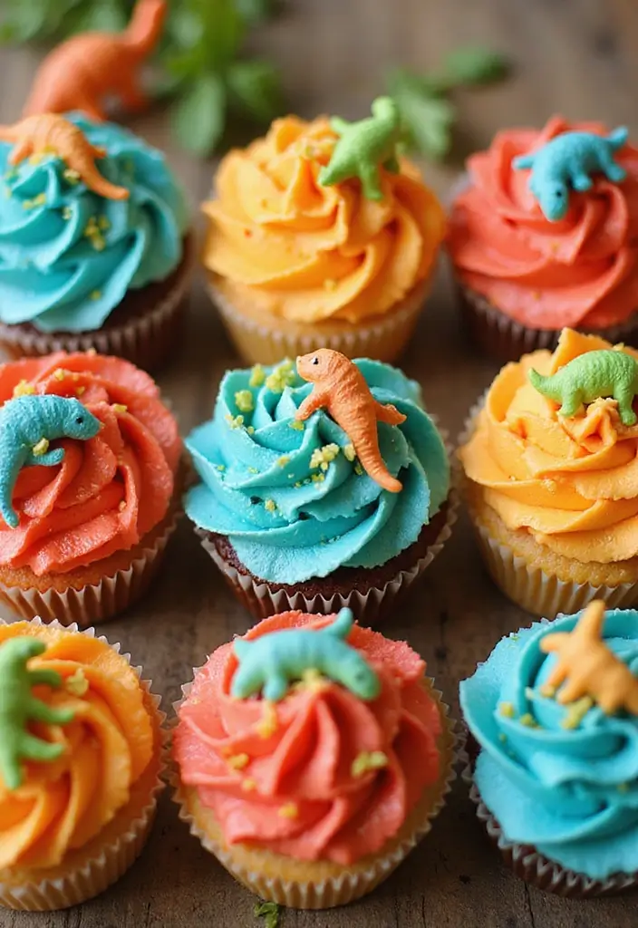 25 Cupcake Wedding Cake Ideas That Blend Class & Creativity: Dinosaur-Themed Wedding Cupcakes - 15. Dino Rainbow Swirl Cupcakes
