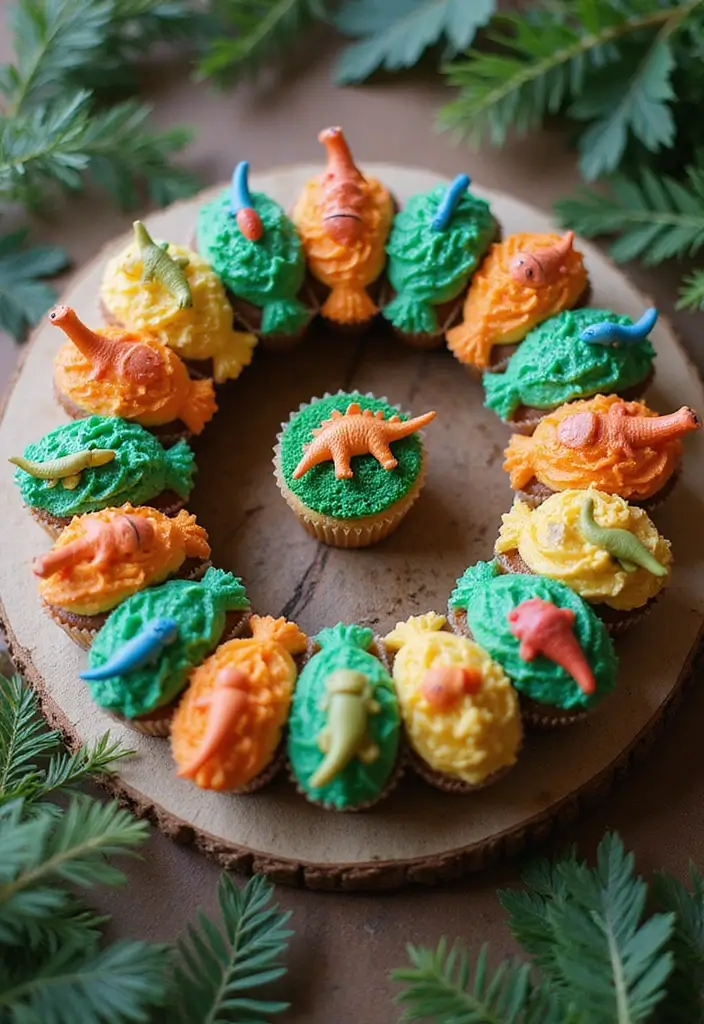 25 Cupcake Wedding Cake Ideas That Blend Class & Creativity: Dinosaur-Themed Wedding Cupcakes - 20. Dino Cupcake Wreath