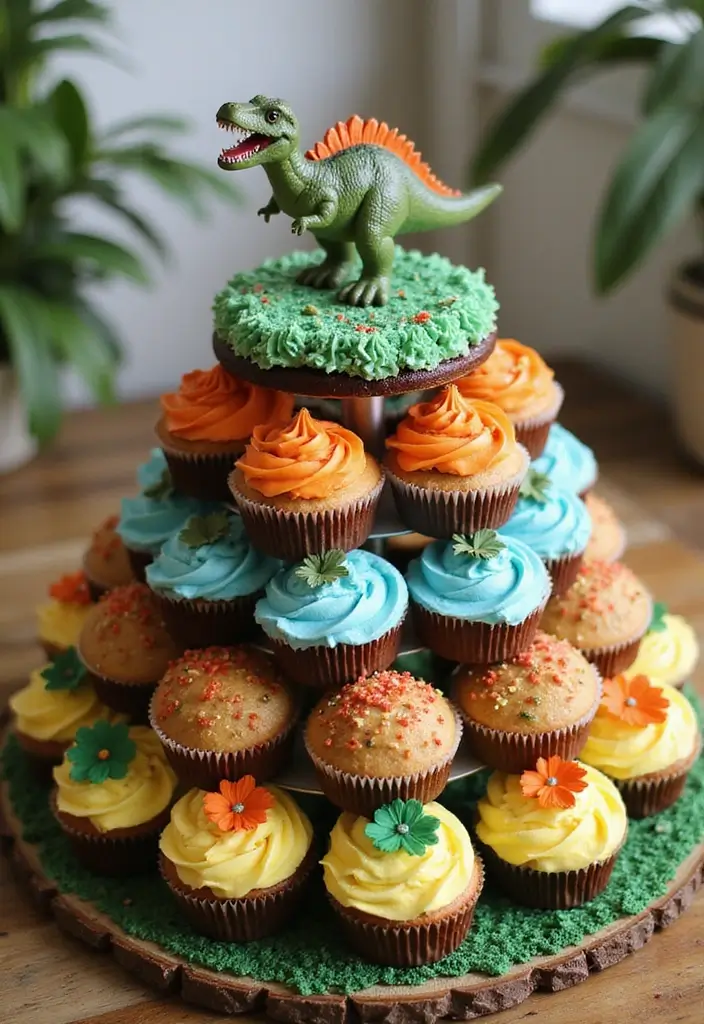 25 Cupcake Wedding Cake Ideas That Blend Class & Creativity: Dinosaur-Themed Wedding Cupcakes - 21. Dino Cupcake Tower