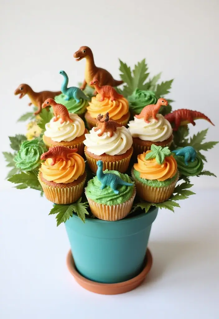 25 Cupcake Wedding Cake Ideas That Blend Class & Creativity: Dinosaur-Themed Wedding Cupcakes - 23. Dino Cupcake Bouquet