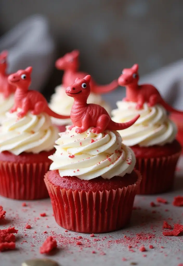 25 Cupcake Wedding Cake Ideas That Blend Class & Creativity: Dinosaur-Themed Wedding Cupcakes - 3. Pterodactyl Red Velvet Cupcakes