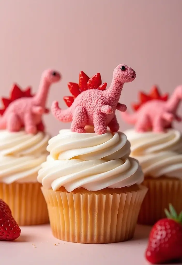 25 Cupcake Wedding Cake Ideas That Blend Class & Creativity: Dinosaur-Themed Wedding Cupcakes - 5. Stegosaurus Strawberry Shortcake Cupcakes