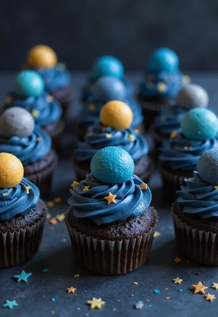 25 Cute & Easy Bluey Cupcake Ideas for Kids’ Birthdays - 21. Bluey’s Outer Space Cupcakes