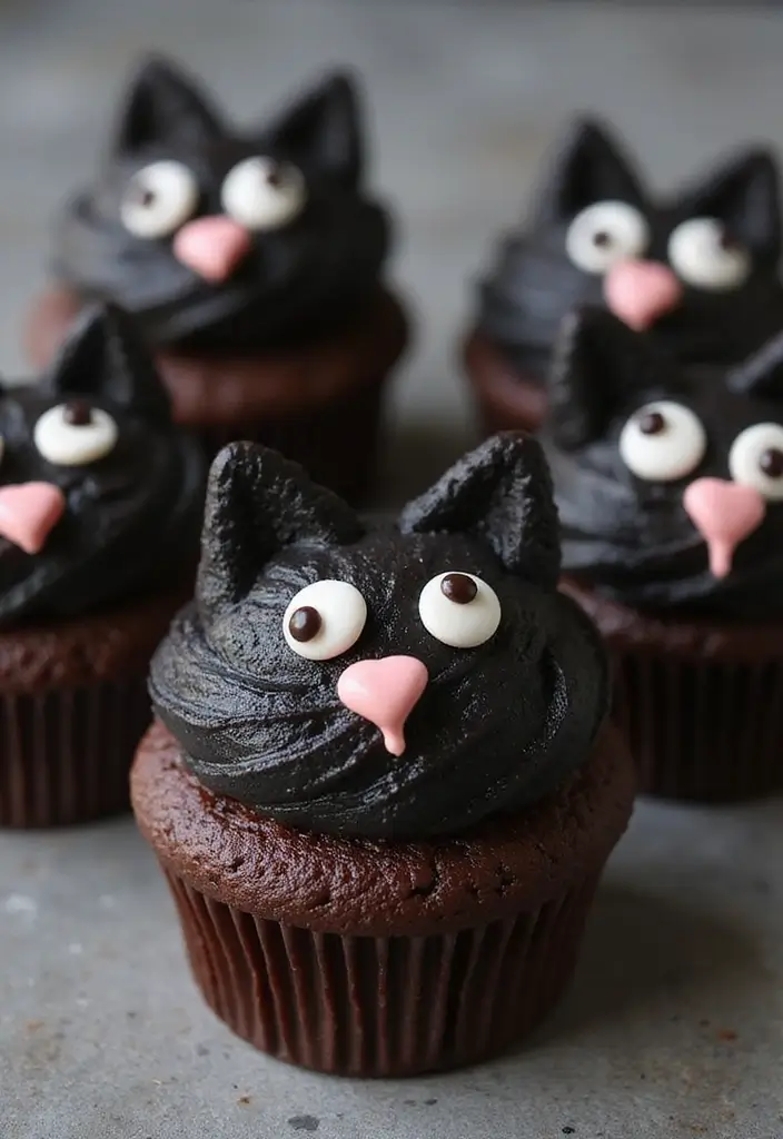 25 Cute Halloween Cupcake Ideas Kids Will Love - 10. Black Cat Cupcakes