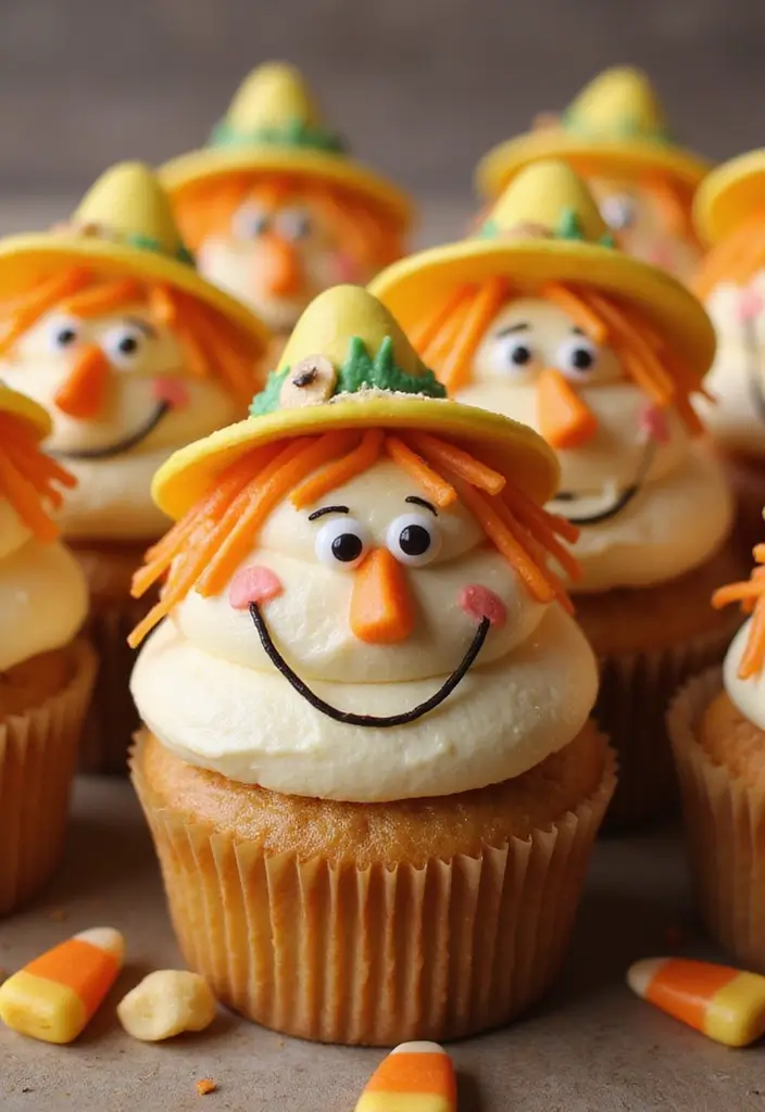 25 Cute Halloween Cupcake Ideas Kids Will Love - 11. Scarecrow Cupcakes