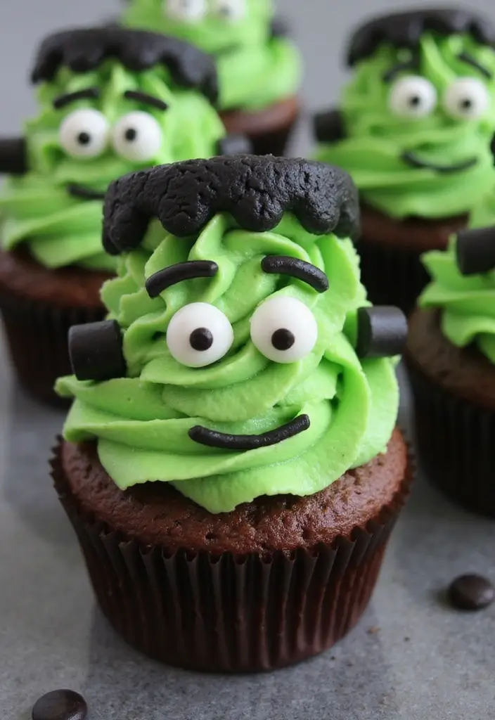 25 Cute Halloween Cupcake Ideas Kids Will Love - 17. Frankenstein Cupcakes
