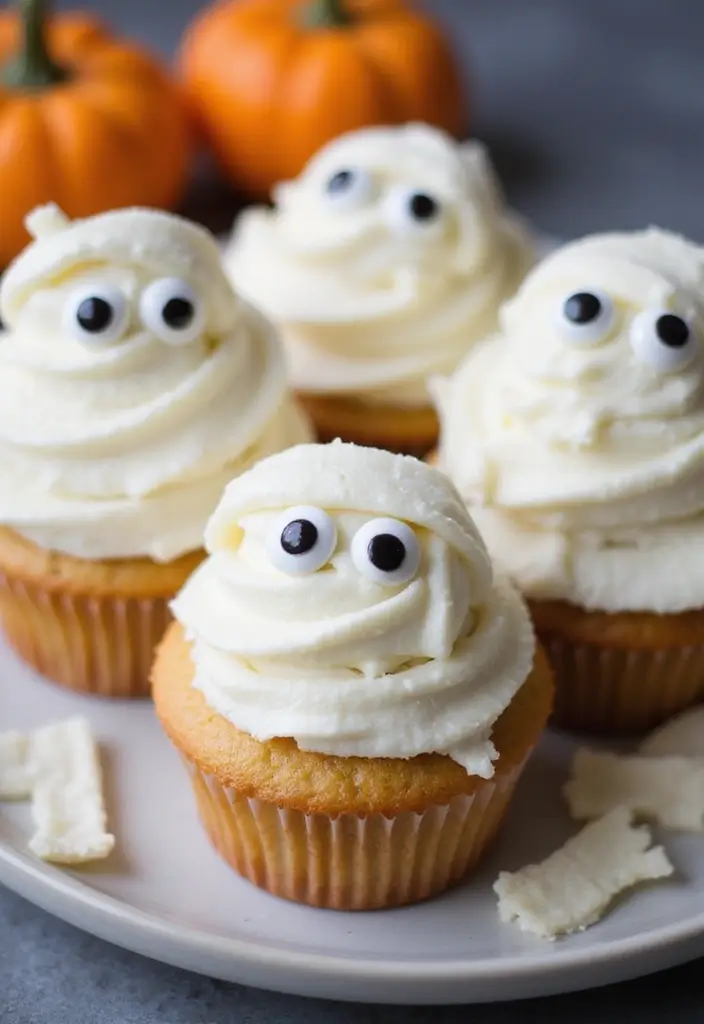25 Cute Halloween Cupcake Ideas Kids Will Love - 6. Mummy Cupcakes