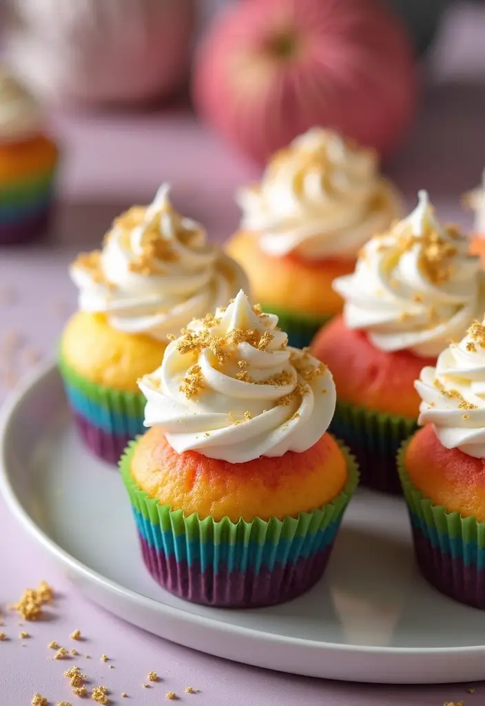 25 St. Patrick’s Day Cupcake Ideas Full of Lucky Charm - 2. Rainbow Cupcakes with Gold Sprinkles