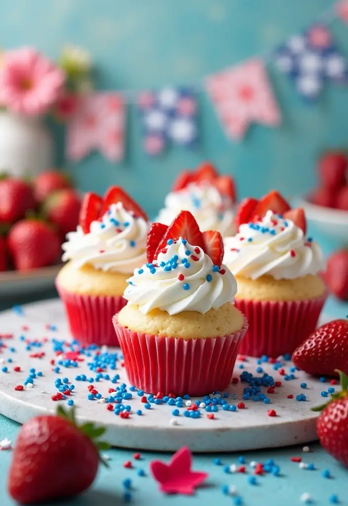 27 4th of July Cupcake Ideas That Sparkle with Patriotism - 1. Star-Spangled Strawberry Shortcake Cupcakes