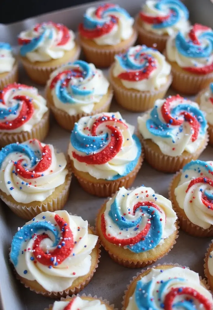 27 4th of July Cupcake Ideas That Sparkle with Patriotism - 10. Red, White, and Blue Pinwheel Cupcakes