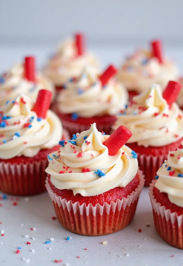 27 4th of July Cupcake Ideas That Sparkle with Patriotism - 13. Fourth of July Red Licorice Cupcakes