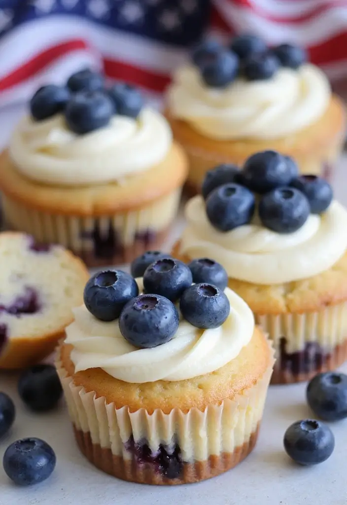 27 4th of July Cupcake Ideas That Sparkle with Patriotism - 16. Blueberry Cheesecake Cupcakes