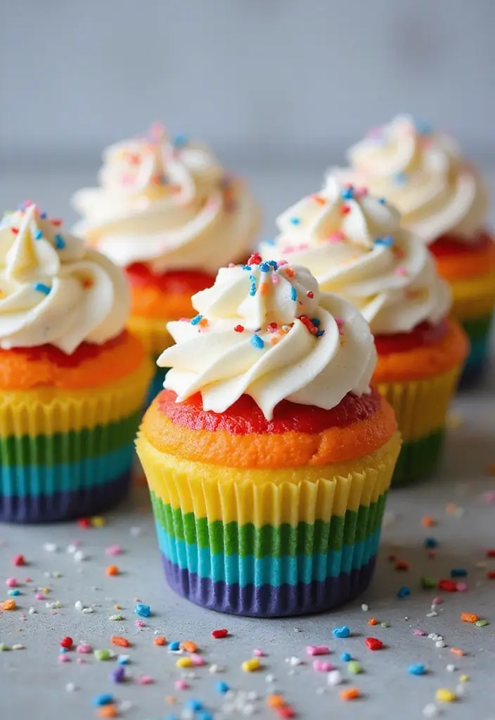 27 4th of July Cupcake Ideas That Sparkle with Patriotism - 26. Rainbow Cupcakes