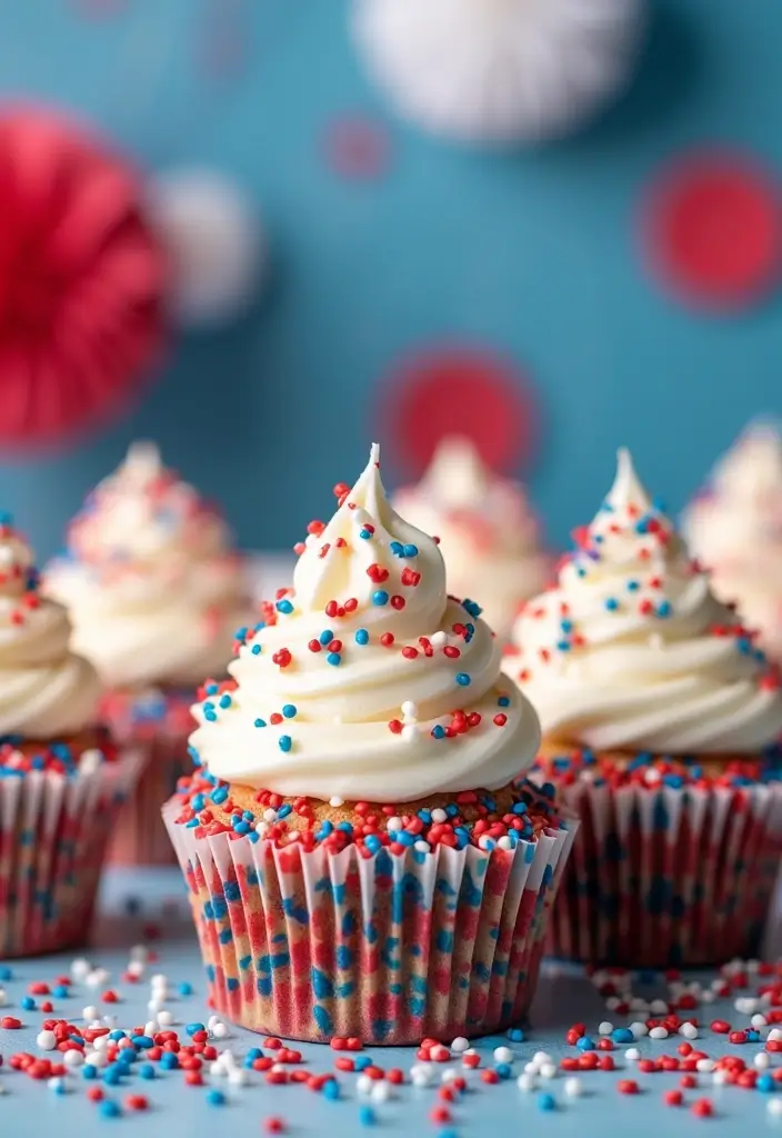 27 4th of July Cupcake Ideas That Sparkle with Patriotism - 6. Patriotic Sprinkle Bomb Cupcakes
