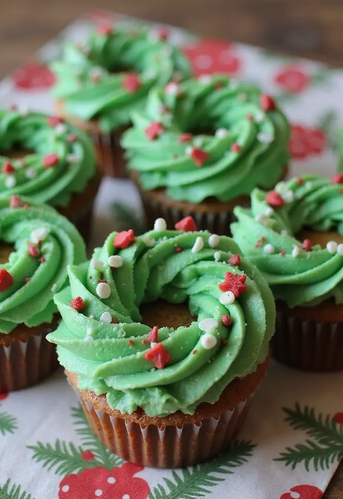 27 Christmas Cupcake Decorating Ideas You Can DIY: Minecraft-Themed Holiday Treats - 26. Holiday Wreath Cupcakes