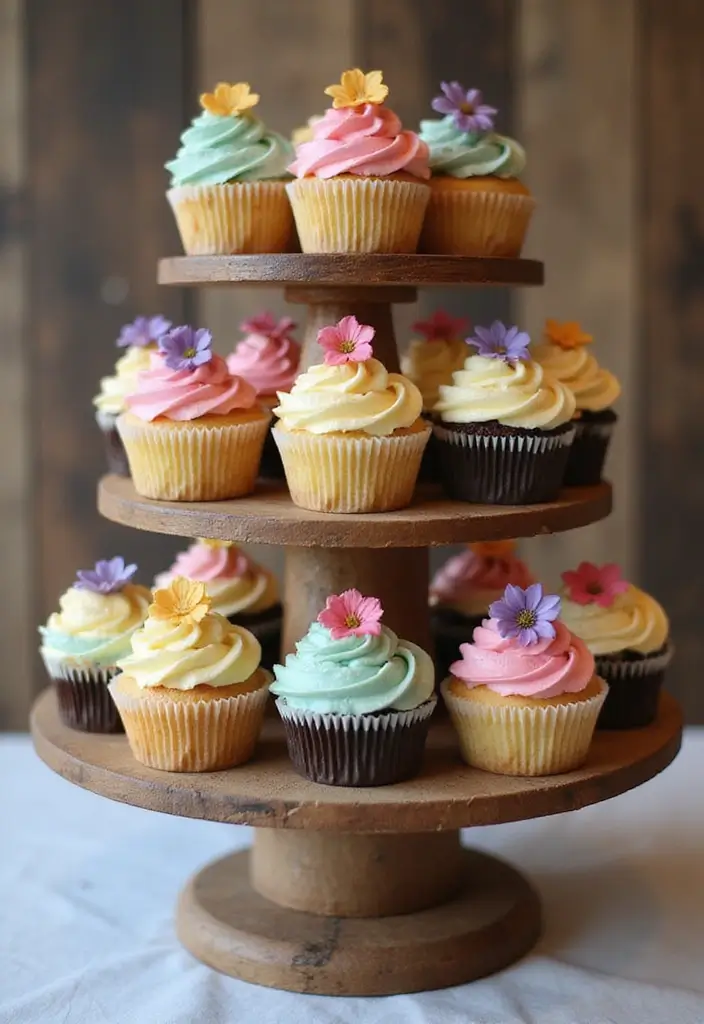 27 Cupcake Display Ideas to Impress Your Guests - 1. Rustic Wood Tiered Stand