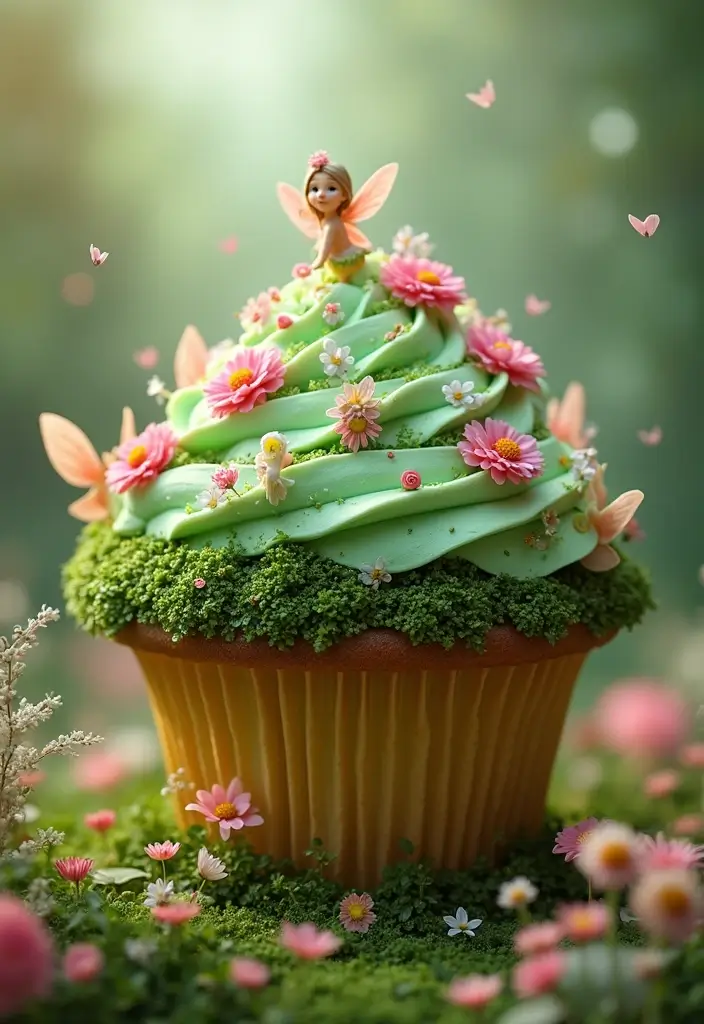 27 Giant Cupcake Ideas for a Show-Stopping Centerpiece - 24. Magical Fairy Garden Cupcake