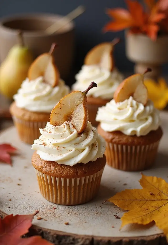 27 Thanksgiving Cupcake Ideas for a Sweet Holiday Touch - 22. Spiced Pear Cupcakes