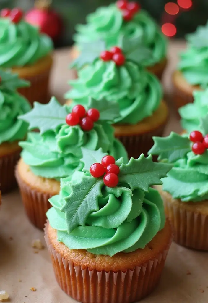 30 Christmas Cupcake Decorating Ideas for Festive Baking - 17. Festive Holly Cupcakes