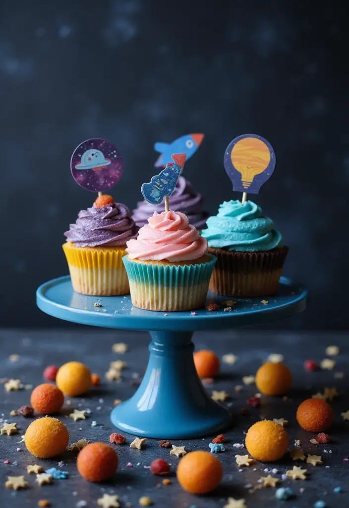 30 Cupcake Stand Ideas That Elevate Your Dessert Table - 15. Space-Themed Cupcake Stand