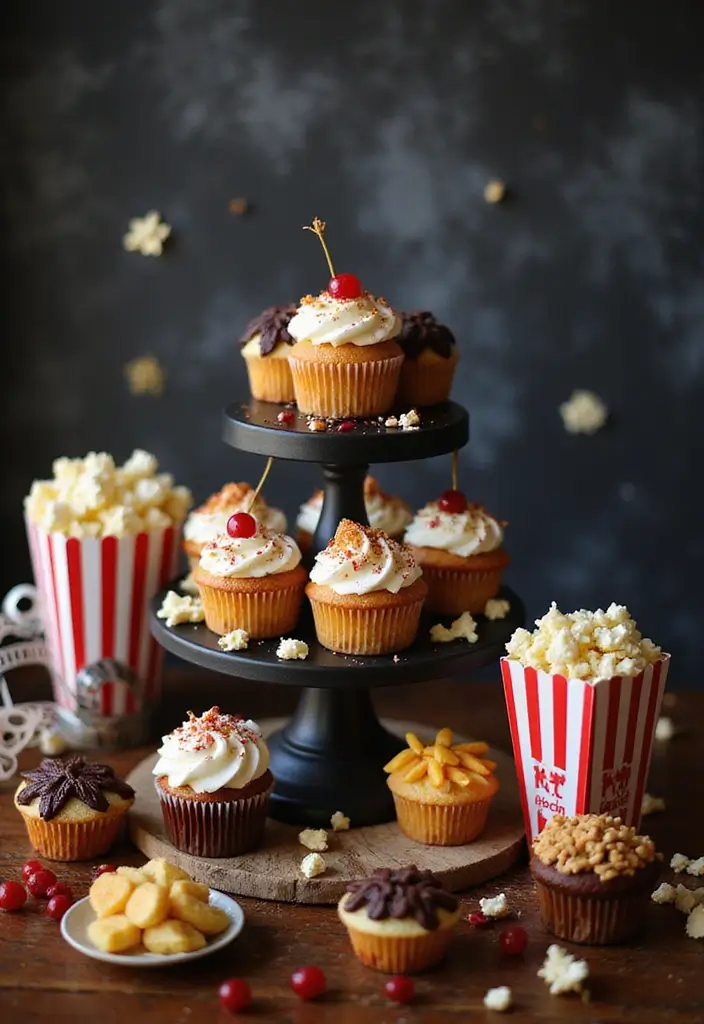 30 Cupcake Stand Ideas That Elevate Your Dessert Table - 16. Movie Night Cupcake Stand