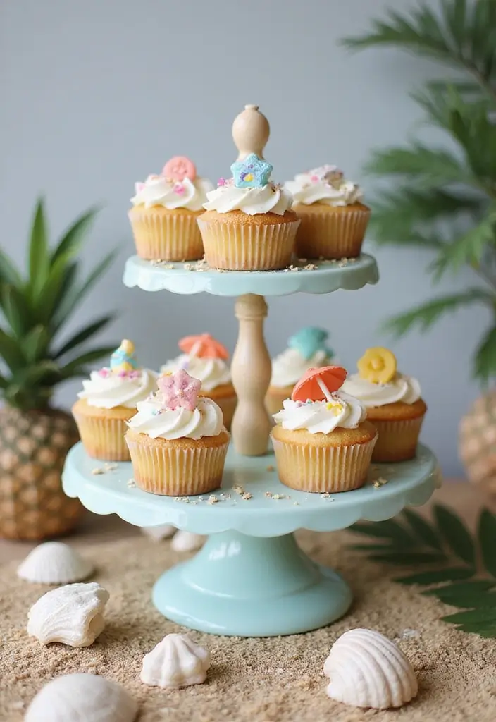 30 Cupcake Stand Ideas That Elevate Your Dessert Table - 19. Beach Bash Cupcake Stand