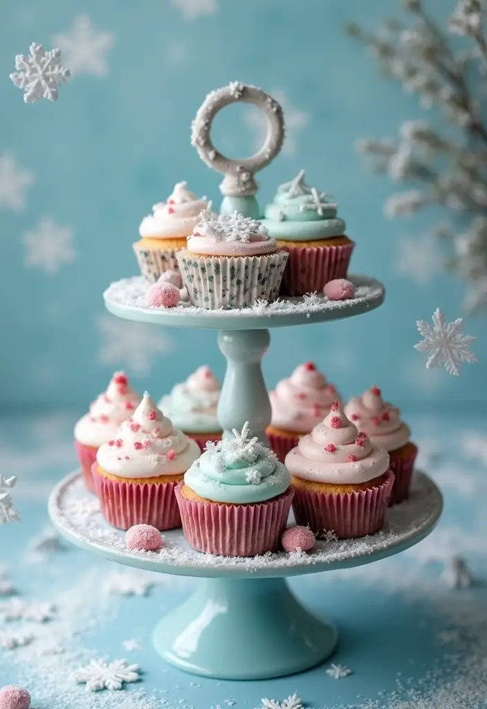 30 Cupcake Stand Ideas That Elevate Your Dessert Table - 22. Winter Wonderland Cupcake Stand