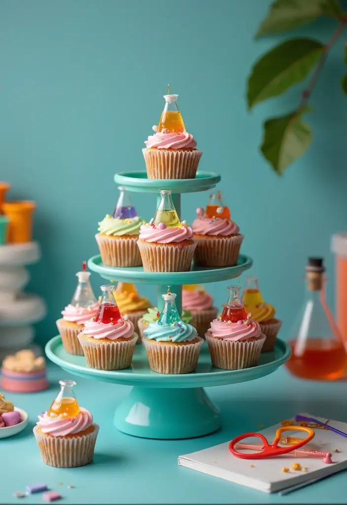 30 Cupcake Stand Ideas That Elevate Your Dessert Table - 25. Science-Themed Cupcake Stand
