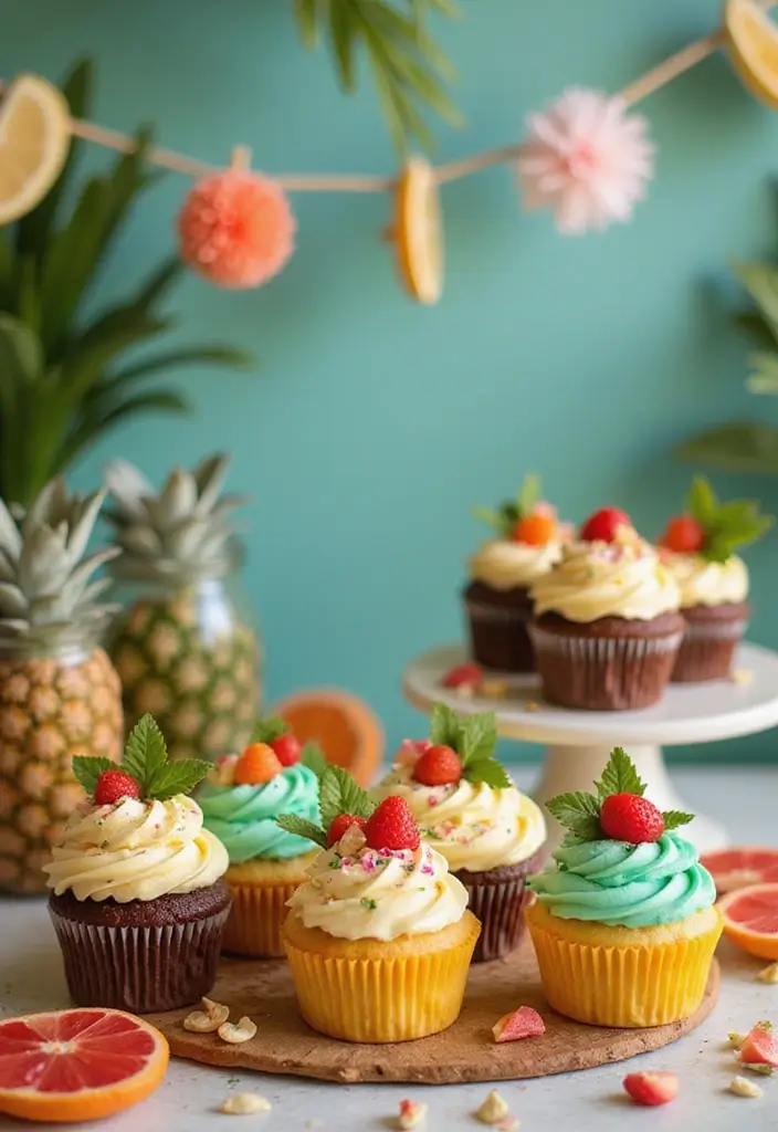 30 Cupcake Stand Ideas That Elevate Your Dessert Table - 28. Tropical Paradise Cupcake Stand