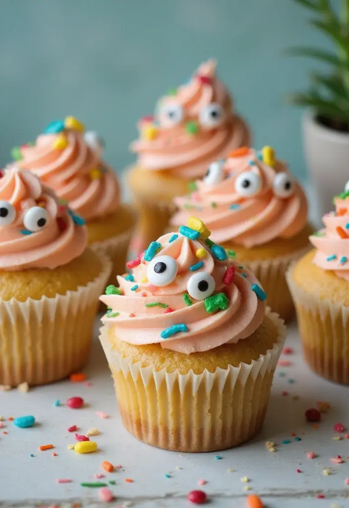 30 Dinosaur Cupcake Ideas for Jurassic-Themed Parties - 11. Dino Face Cupcakes