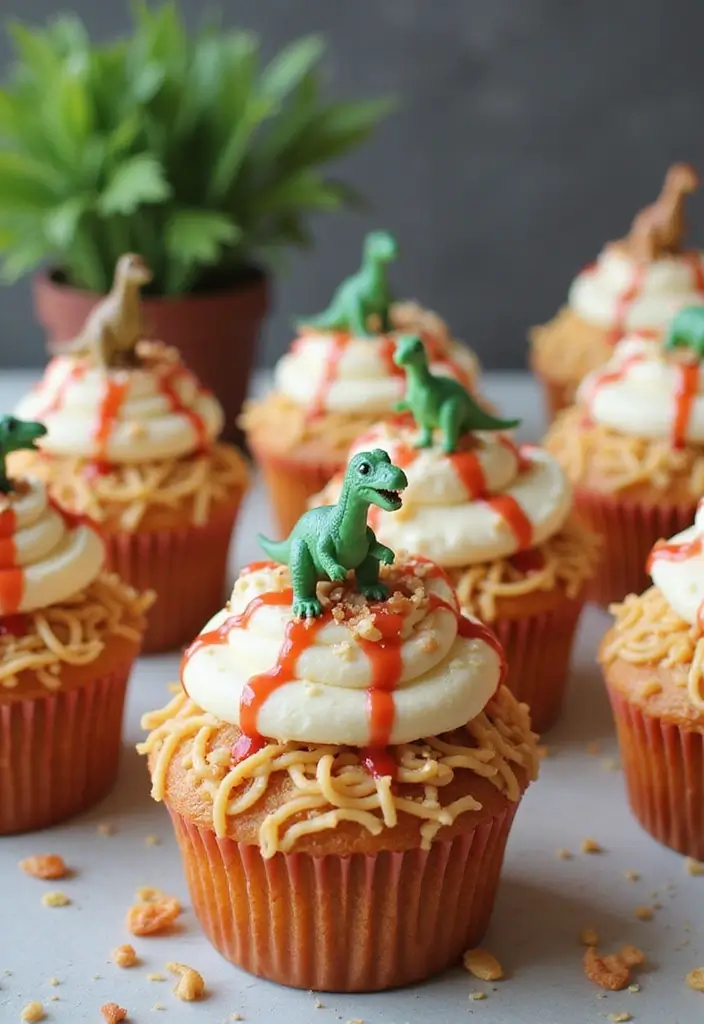 30 Dinosaur Cupcake Ideas for Jurassic-Themed Parties - 23. Dino Spaghetti Cupcakes