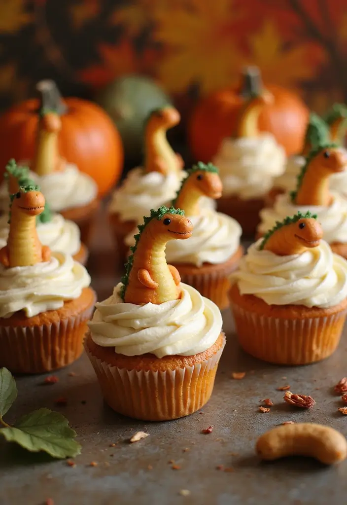 30 Dinosaur Cupcake Ideas for Jurassic-Themed Parties - 25. Dino Pumpkin Cupcakes