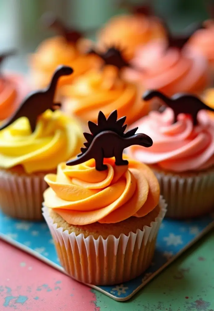 30 Dinosaur Cupcake Ideas for Jurassic-Themed Parties - 28. Dino Sunset Cupcakes