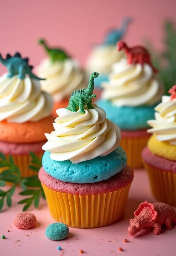 30 Dinosaur Cupcake Ideas for Jurassic-Themed Parties - 7. Jurassic Rainbow Cupcakes