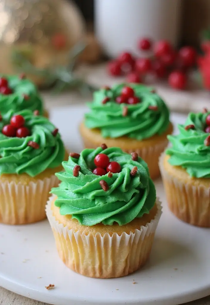 30 Fun Cupcake Decorating Ideas for Family Baking Nights - 12. Holiday Wreath Cupcakes