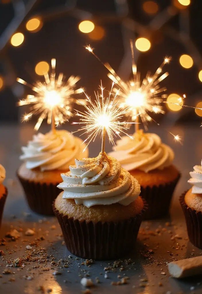 30 Fun Cupcake Decorating Ideas for Family Baking Nights - 19. New Year’s Eve Sparkler Cupcakes