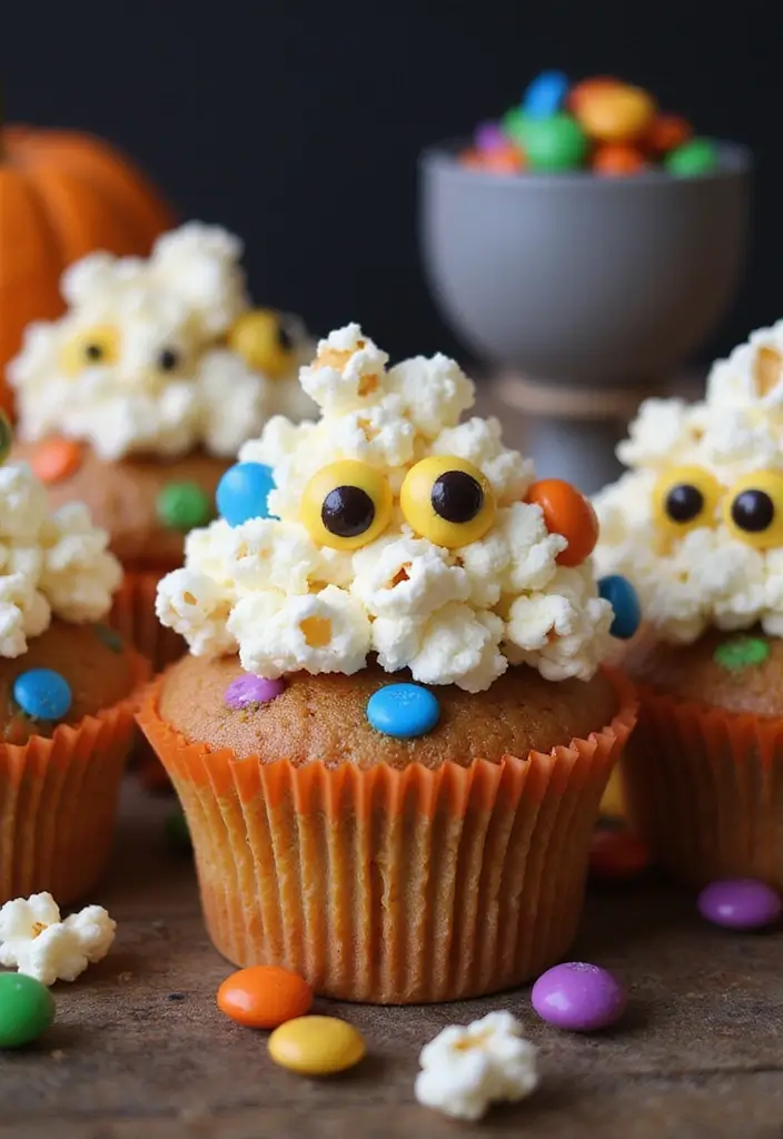 30+ Halloween Cupcake Ideas That Are Spooky Sweet & Fun to Make - 23. Popcorn Monster Cupcakes