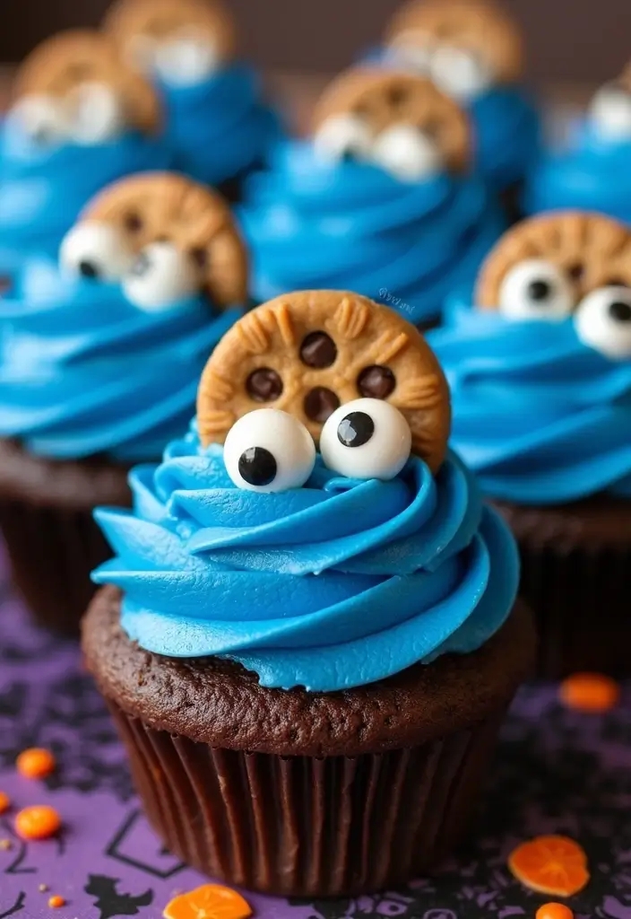 30+ Halloween Cupcake Ideas That Are Spooky Sweet & Fun to Make - 25. Cookie Monster Cupcakes