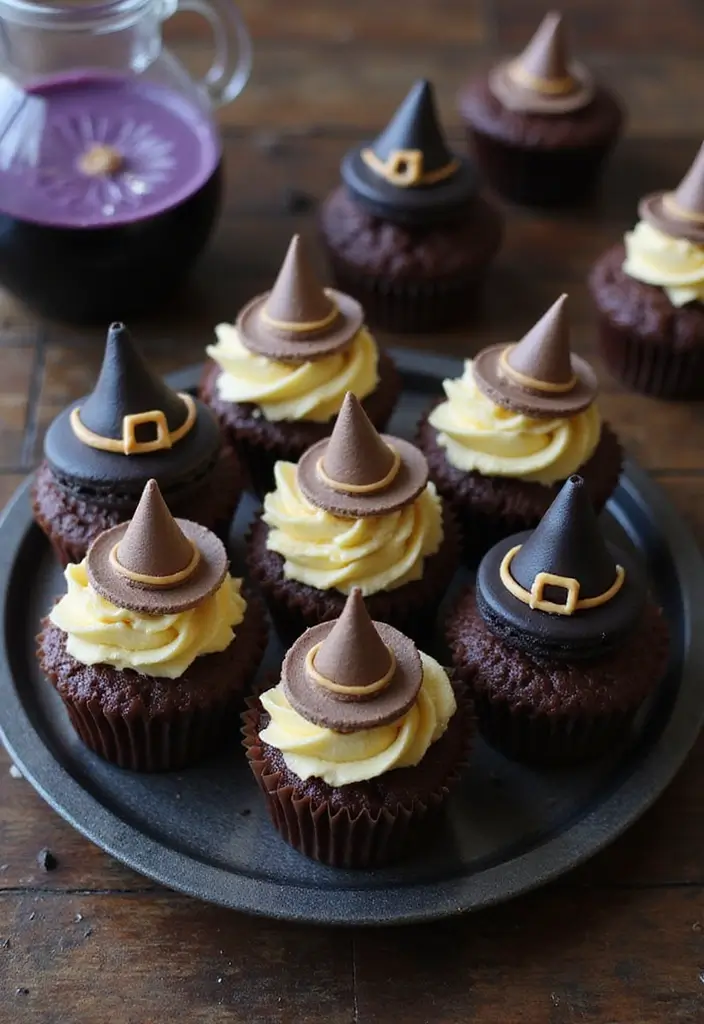 30+ Halloween Cupcake Ideas That Are Spooky Sweet & Fun to Make - 29. Witch's Hat Macaron Cupcakes