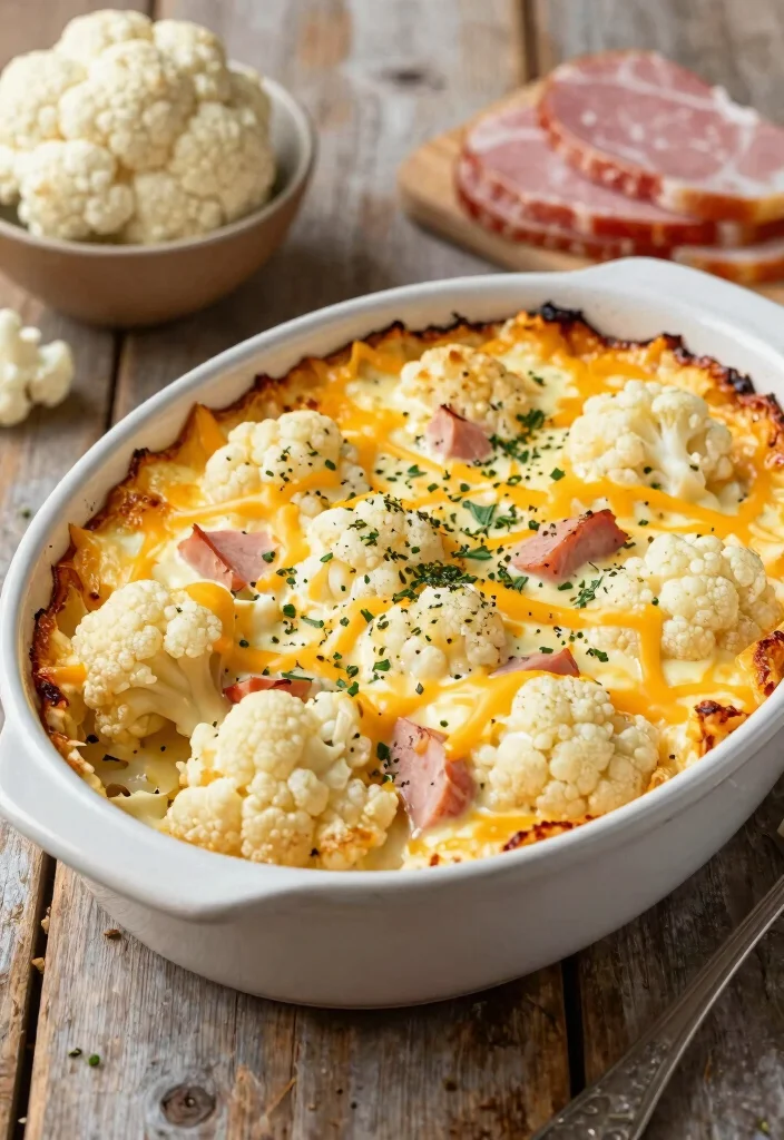 12 Keto Sheet Pan Recipes for Fast Low-Carb Weeknight Dinners - 9. Cheesy Cauliflower and Ham Bake